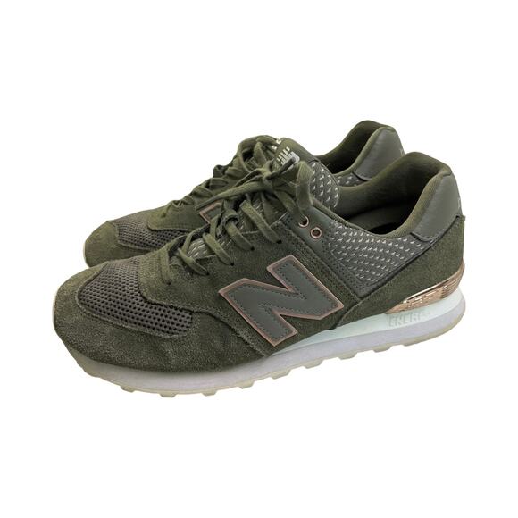New Balance 574 WL574ESD Olive Green Suede Sneakers Rose Gold Accent Women’s 11 - Picture 1 of 9